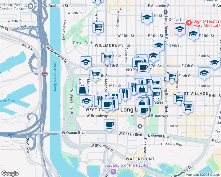 map of restaurants, bars, coffee shops, grocery stores, and more near 445 Chestnut Avenue in Long Beach