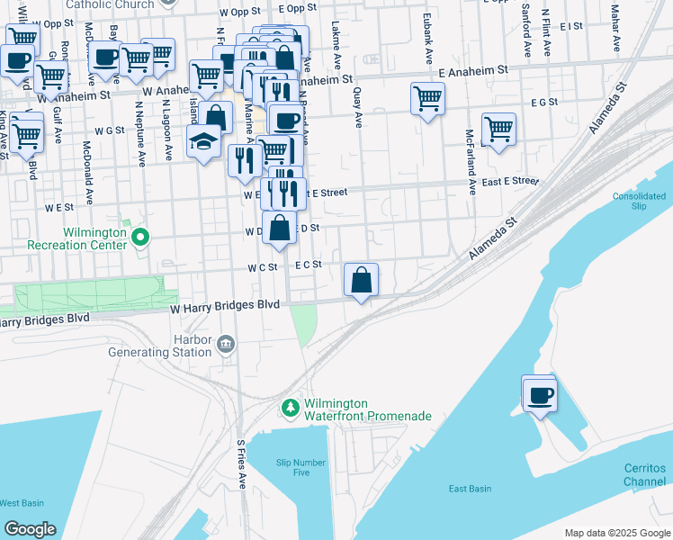 map of restaurants, bars, coffee shops, grocery stores, and more near 216 East C Street in Los Angeles