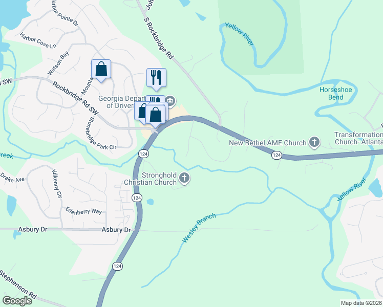 map of restaurants, bars, coffee shops, grocery stores, and more near 758 The Trace in Lithonia