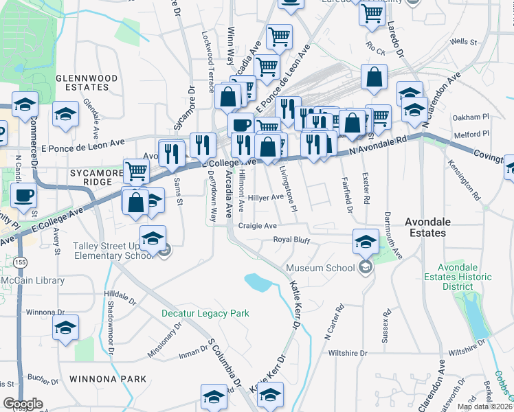 map of restaurants, bars, coffee shops, grocery stores, and more near 764 Dalerose Avenue in Decatur