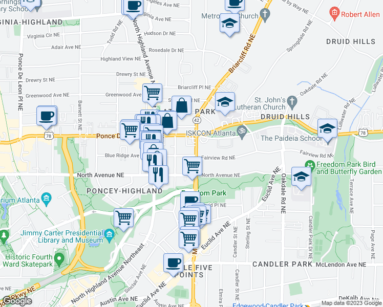 map of restaurants, bars, coffee shops, grocery stores, and more near 1144 Blue Ridge Avenue Northeast in Atlanta
