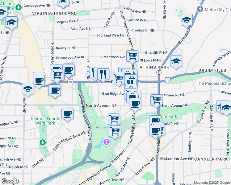 map of restaurants, bars, coffee shops, grocery stores, and more near 996 Blue Ridge Avenue Northeast in Atlanta