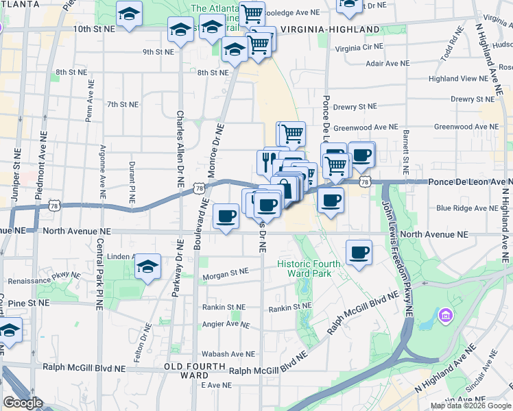 map of restaurants, bars, coffee shops, grocery stores, and more near 620 North Avenue Northeast in Atlanta
