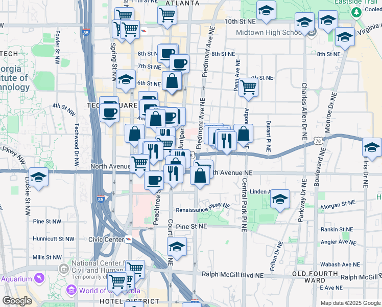map of restaurants, bars, coffee shops, grocery stores, and more near 150 Ponce De Leon Avenue Northeast in Atlanta