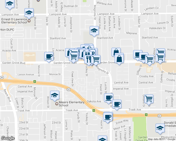 map of restaurants, bars, coffee shops, grocery stores, and more near 13082 Yockey Street in Garden Grove