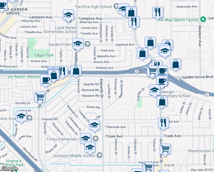 map of restaurants, bars, coffee shops, grocery stores, and more near 13081 La Pata Street in Westminster