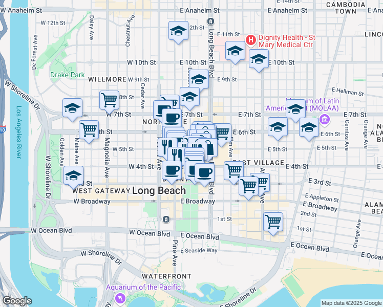 map of restaurants, bars, coffee shops, grocery stores, and more near 50 East 5th Street in Long Beach