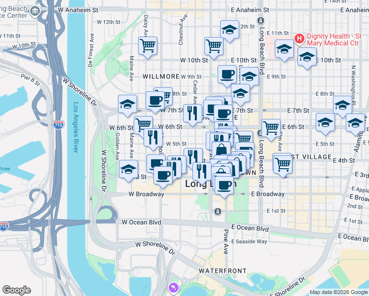 map of restaurants, bars, coffee shops, grocery stores, and more near 444 Chestnut Avenue in Long Beach