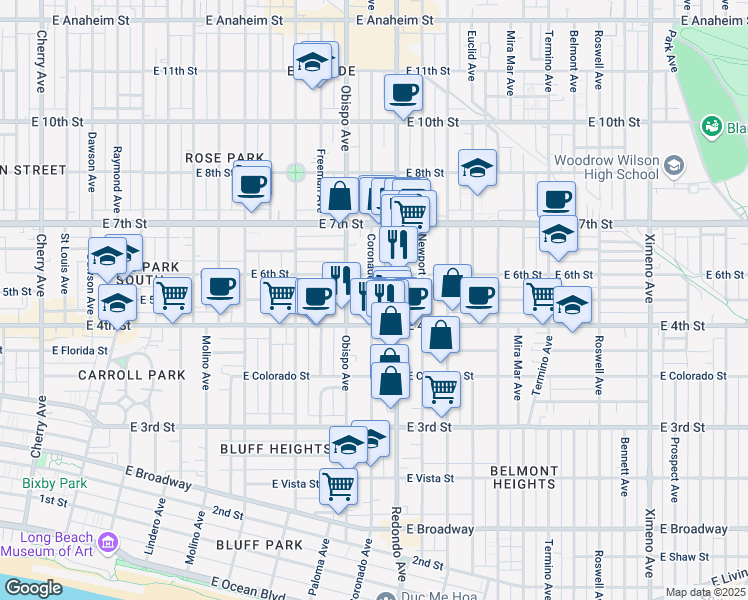 map of restaurants, bars, coffee shops, grocery stores, and more near 444 Coronado Avenue in Long Beach