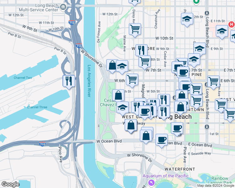 map of restaurants, bars, coffee shops, grocery stores, and more near 460 Golden Avenue in Long Beach