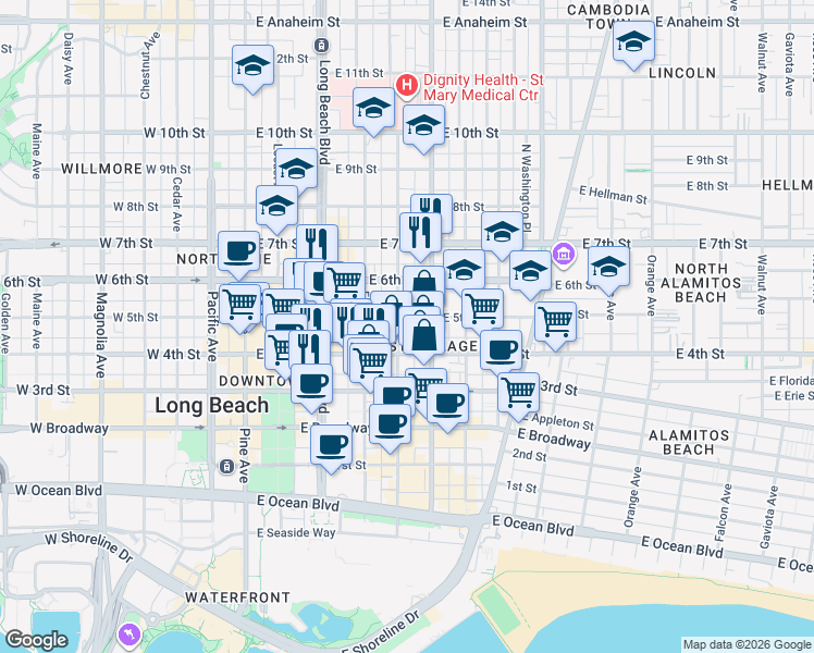 map of restaurants, bars, coffee shops, grocery stores, and more near 446 Linden Avenue in Long Beach