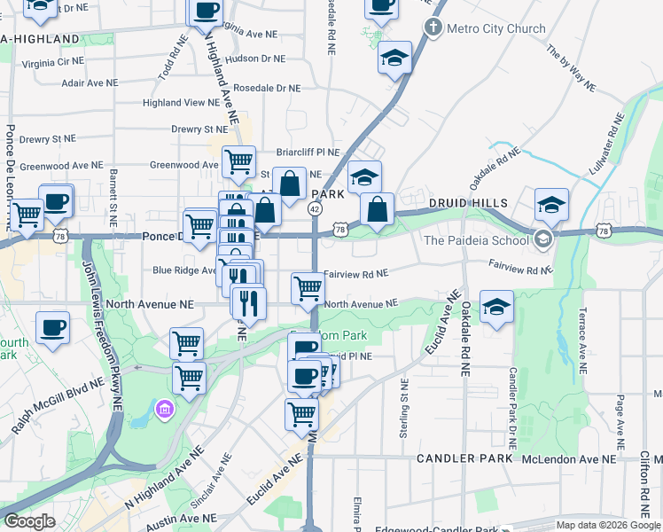 map of restaurants, bars, coffee shops, grocery stores, and more near 1196 Fairview Road Northeast in Atlanta