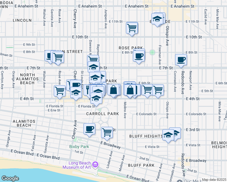 map of restaurants, bars, coffee shops, grocery stores, and more near 2444 East 5th Street in Long Beach
