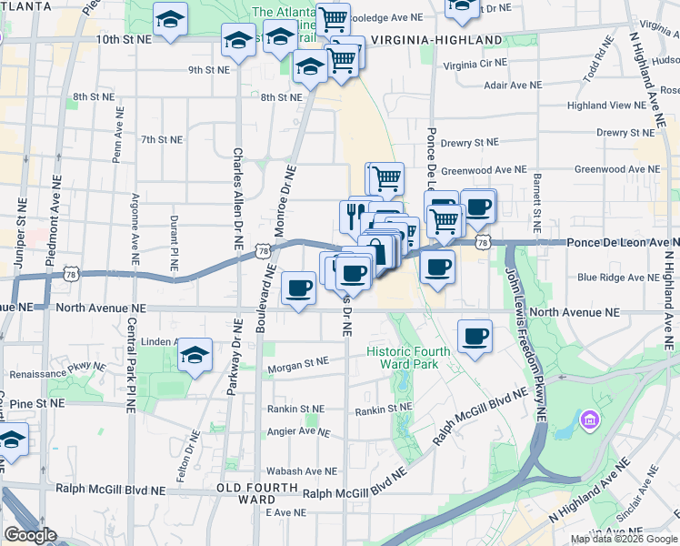 map of restaurants, bars, coffee shops, grocery stores, and more near 620 North Avenue Northeast in Atlanta