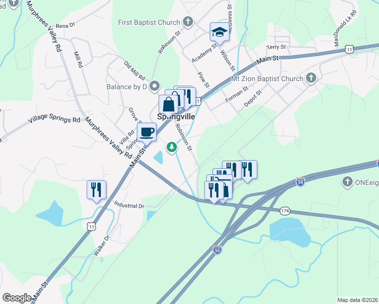 map of restaurants, bars, coffee shops, grocery stores, and more near 251 Robinson Street in Springville