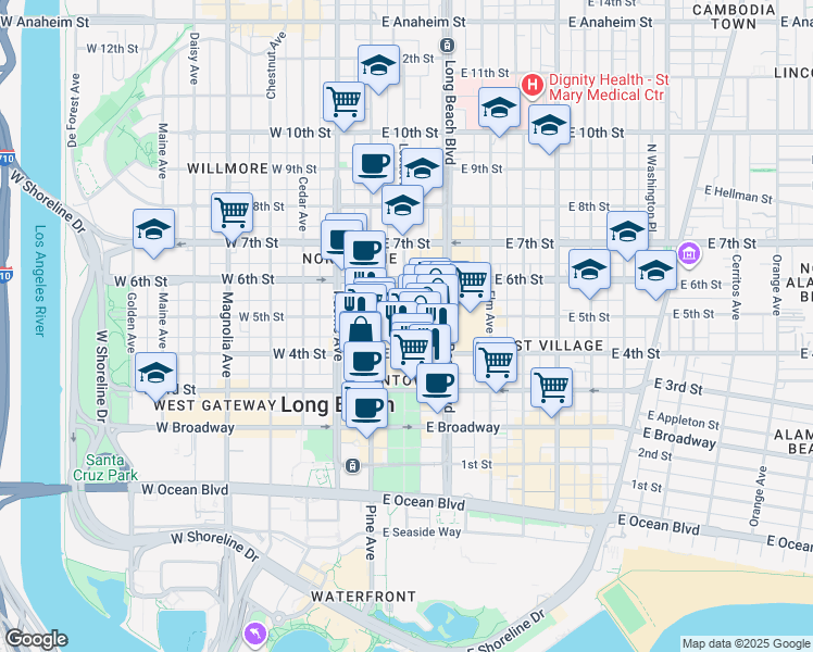 map of restaurants, bars, coffee shops, grocery stores, and more near 50 East 5th Street in Long Beach