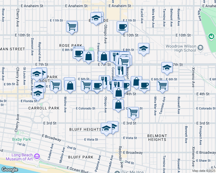 map of restaurants, bars, coffee shops, grocery stores, and more near 444 Obispo Avenue in Long Beach