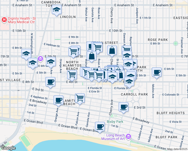 map of restaurants, bars, coffee shops, grocery stores, and more near 446 Gaviota Avenue in Long Beach