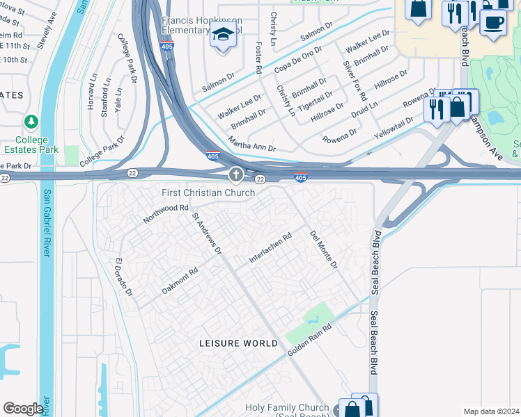 map of restaurants, bars, coffee shops, grocery stores, and more near 13151 Shawnee Lane in Seal Beach