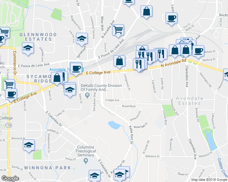 map of restaurants, bars, coffee shops, grocery stores, and more near 764 Dalerose Avenue in Decatur