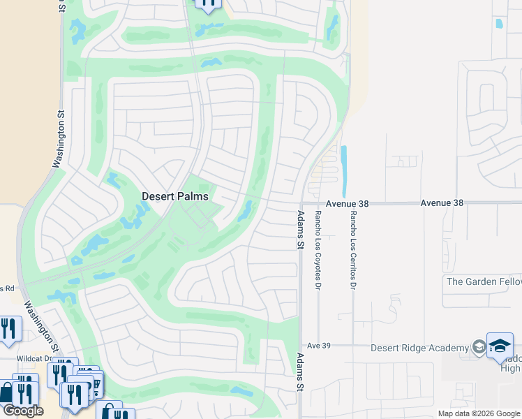 map of restaurants, bars, coffee shops, grocery stores, and more near 38101 Brandywine Avenue in Palm Desert