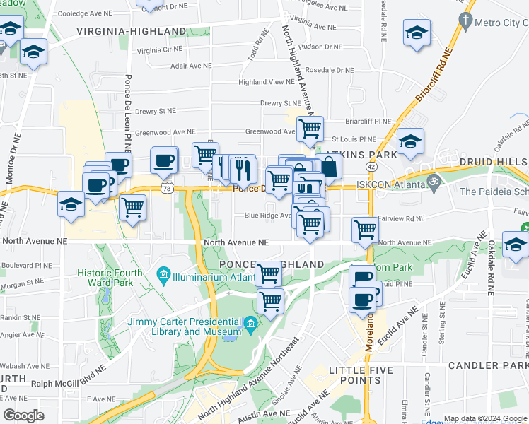 map of restaurants, bars, coffee shops, grocery stores, and more near 980 Blue Ridge Avenue Northeast in Atlanta
