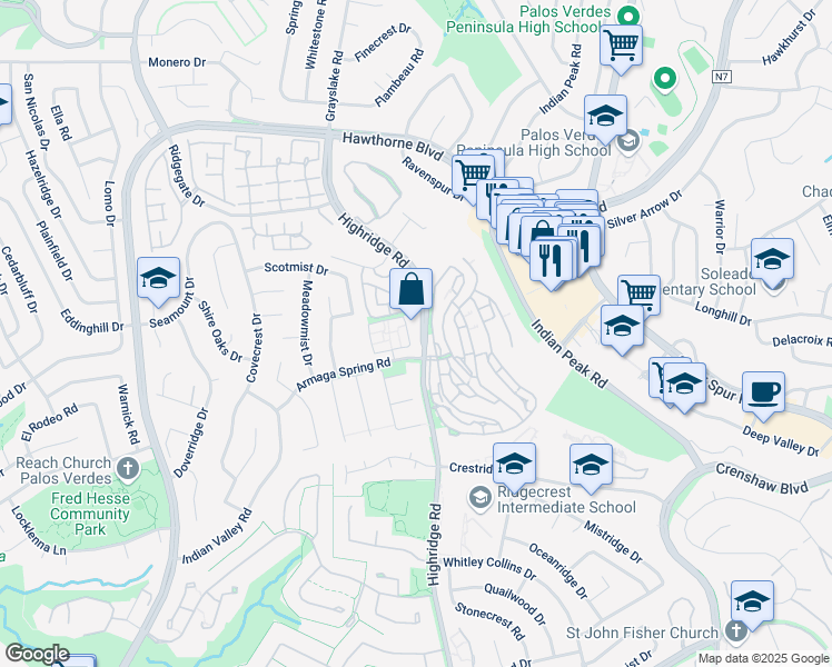 map of restaurants, bars, coffee shops, grocery stores, and more near 28441 Highridge Road in Rolling Hills Estates