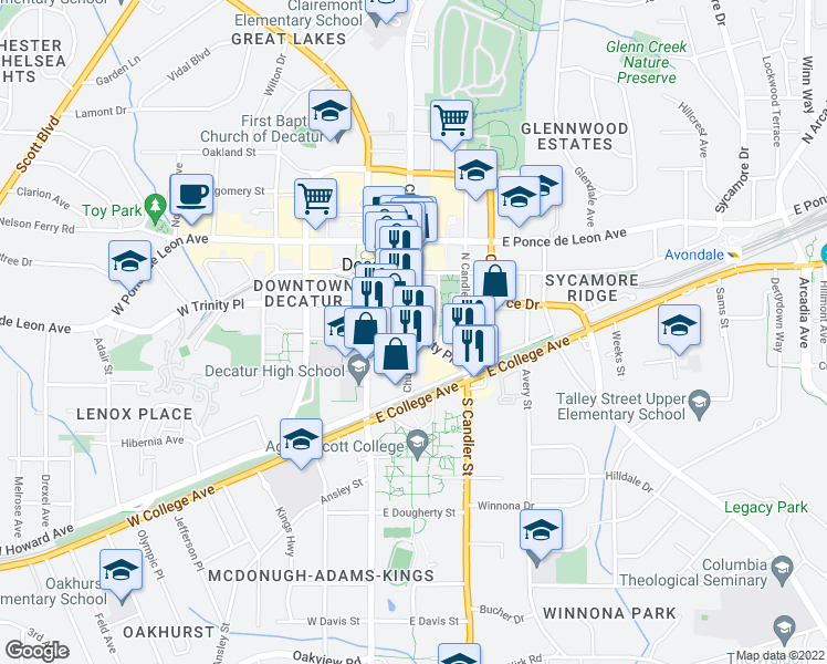 map of restaurants, bars, coffee shops, grocery stores, and more near 200 East Trinity Place in Decatur