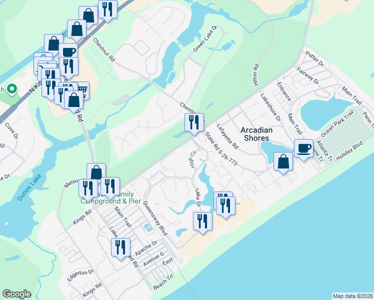 map of restaurants, bars, coffee shops, grocery stores, and more near 800 Canterbury Court in Myrtle Beach