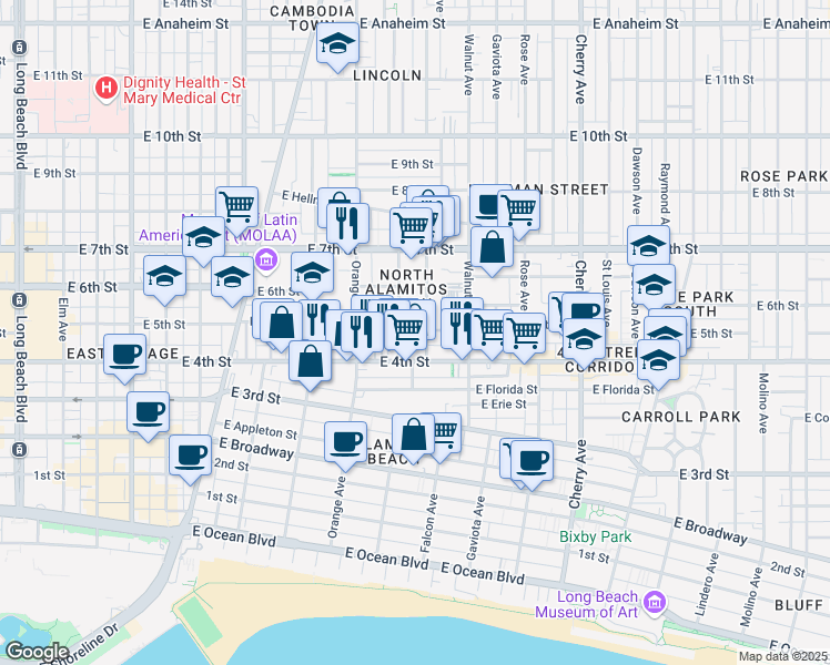 map of restaurants, bars, coffee shops, grocery stores, and more near 441 Nebraska Avenue in Long Beach