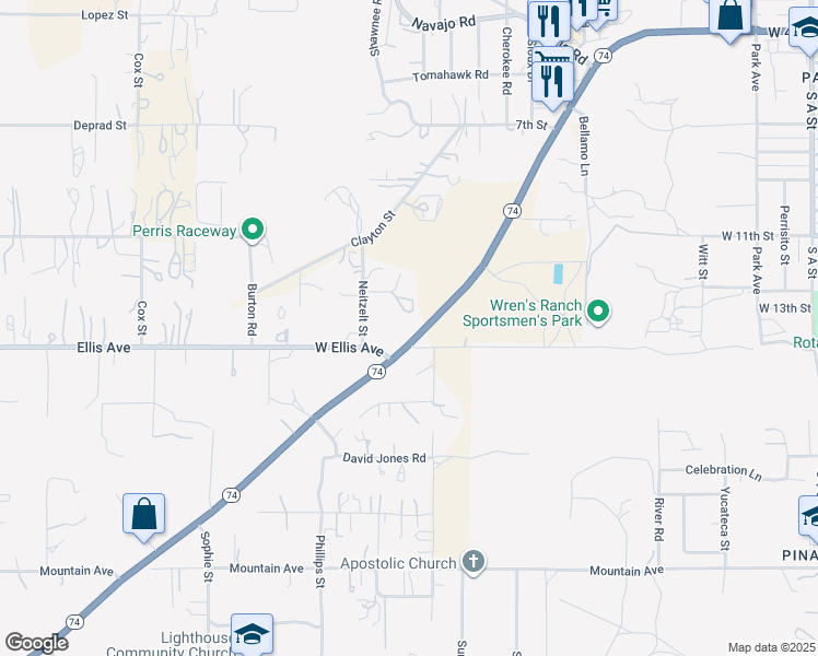 map of restaurants, bars, coffee shops, grocery stores, and more near 23971 California 74 in Perris
