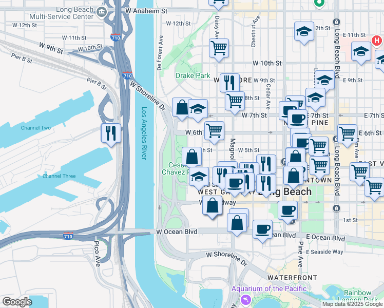map of restaurants, bars, coffee shops, grocery stores, and more near 460 Golden Avenue in Long Beach