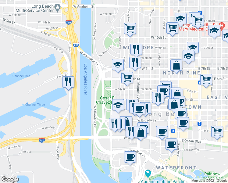map of restaurants, bars, coffee shops, grocery stores, and more near Golden Avenue in Long Beach