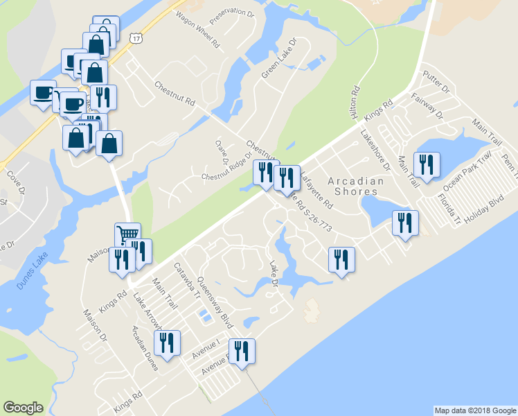 map of restaurants, bars, coffee shops, grocery stores, and more near 101 High Circle in Myrtle Beach