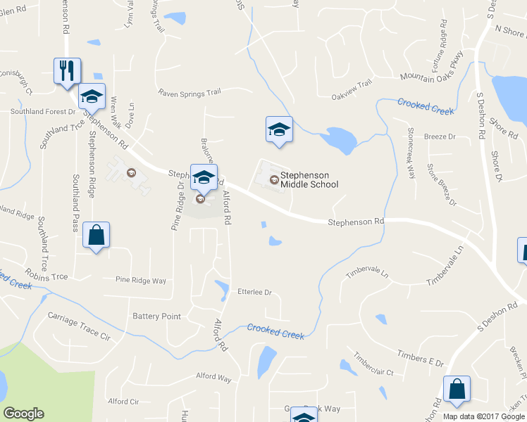 map of restaurants, bars, coffee shops, grocery stores, and more near 917 Stephenson Road in Stone Mountain