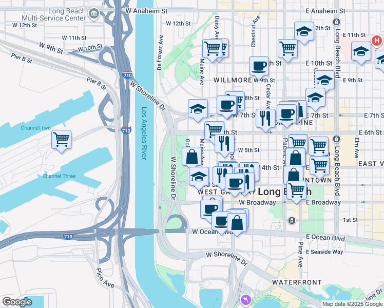map of restaurants, bars, coffee shops, grocery stores, and more near 460 Golden Avenue in Long Beach