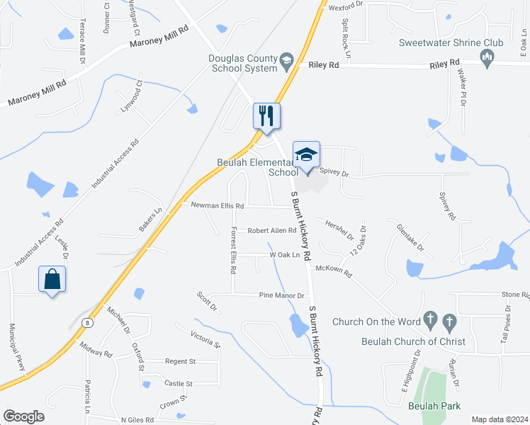 map of restaurants, bars, coffee shops, grocery stores, and more near 4097 Newman Ellis Road in Douglasville