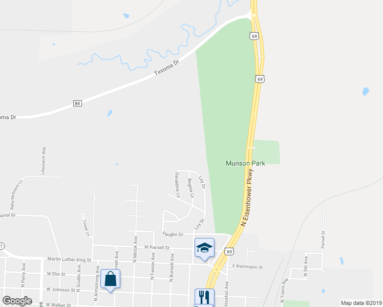 map of restaurants, bars, coffee shops, grocery stores, and more near 310 Ball Park Loop in Denison