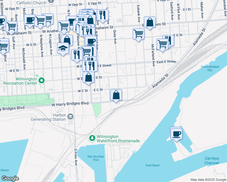 map of restaurants, bars, coffee shops, grocery stores, and more near 316 East C Street in Los Angeles