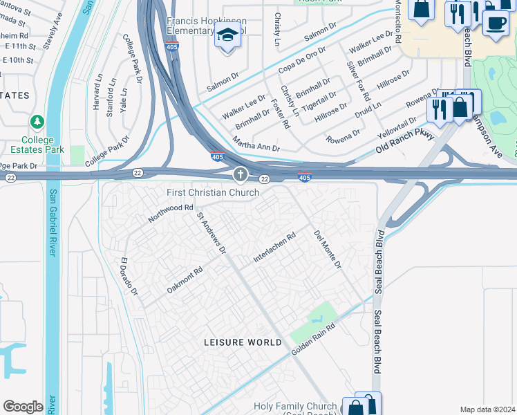 map of restaurants, bars, coffee shops, grocery stores, and more near 13141 Shawnee Lane in Seal Beach
