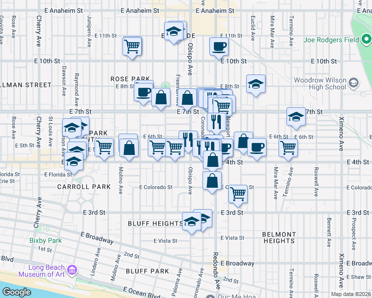 map of restaurants, bars, coffee shops, grocery stores, and more near 3123 East 5th Street in Long Beach