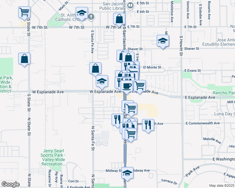 map of restaurants, bars, coffee shops, grocery stores, and more near 1520 West Esplanade Avenue in San Jacinto