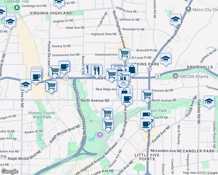 map of restaurants, bars, coffee shops, grocery stores, and more near 996 Blue Ridge Avenue Northeast in Atlanta