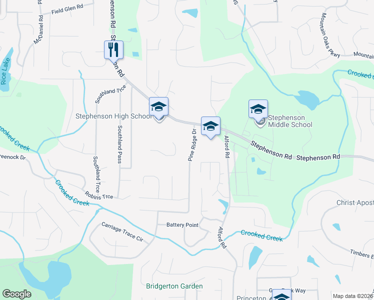 map of restaurants, bars, coffee shops, grocery stores, and more near 783 Pine Ridge Drive in Stone Mountain