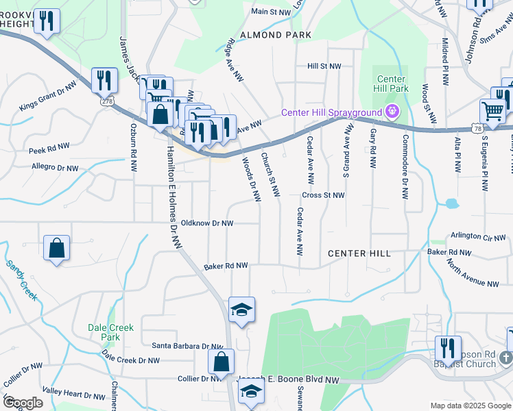 map of restaurants, bars, coffee shops, grocery stores, and more near 658 Woods Drive Northwest in Atlanta