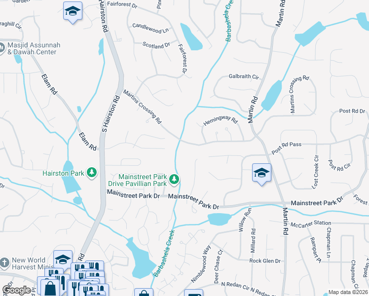 map of restaurants, bars, coffee shops, grocery stores, and more near 4975 Martins Crossing Road in Stone Mountain