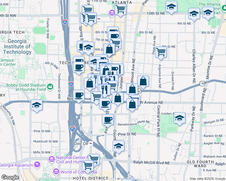 map of restaurants, bars, coffee shops, grocery stores, and more near 659 Peachtree Street Northeast in Atlanta