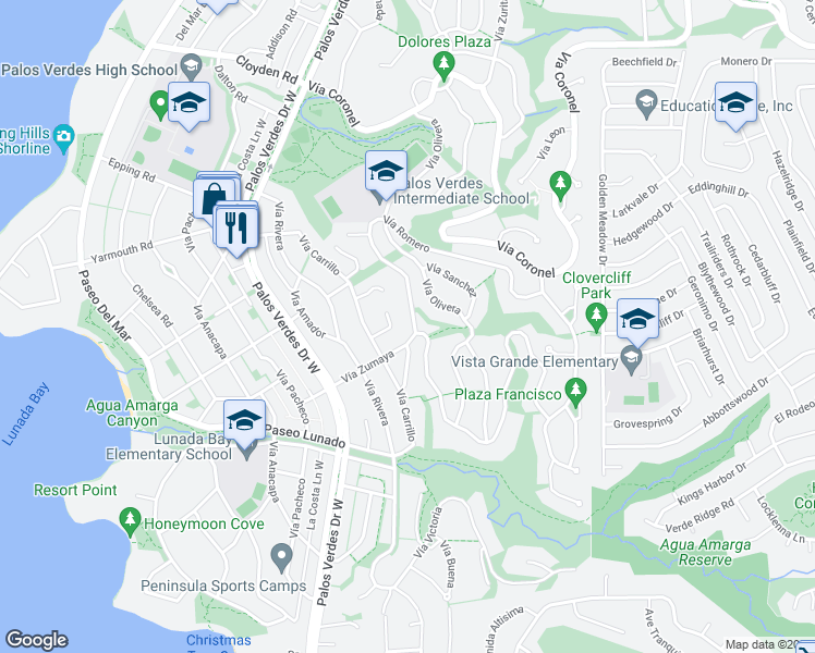 map of restaurants, bars, coffee shops, grocery stores, and more near 1016 Vía Palestra in Palos Verdes Estates