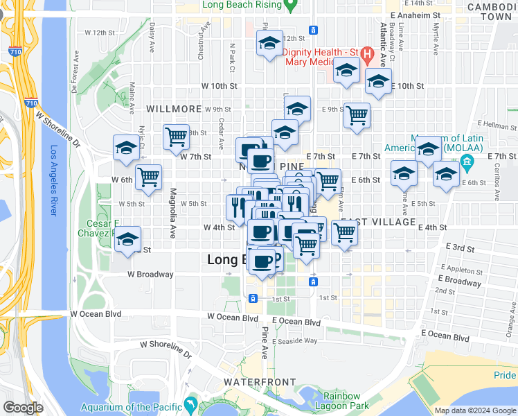 map of restaurants, bars, coffee shops, grocery stores, and more near 100 West 5th Street in Long Beach