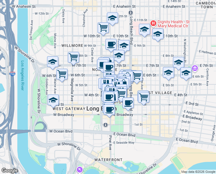 map of restaurants, bars, coffee shops, grocery stores, and more near 100 West 5th Street in Long Beach